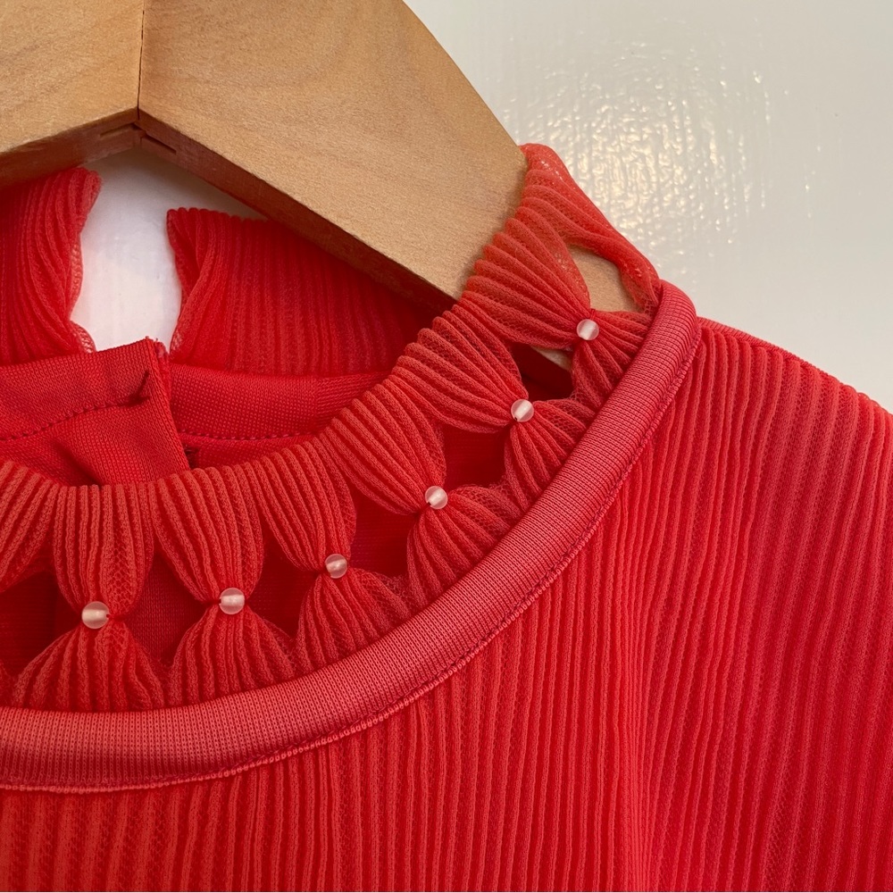 Vintage 1950s Red Pleated Blouse Pearl Collar Finland Short Sleeve Top S - Picture 7 of 12